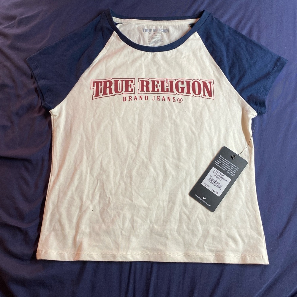 True Religion Women's Navy and Cream Short Sleeve Tee